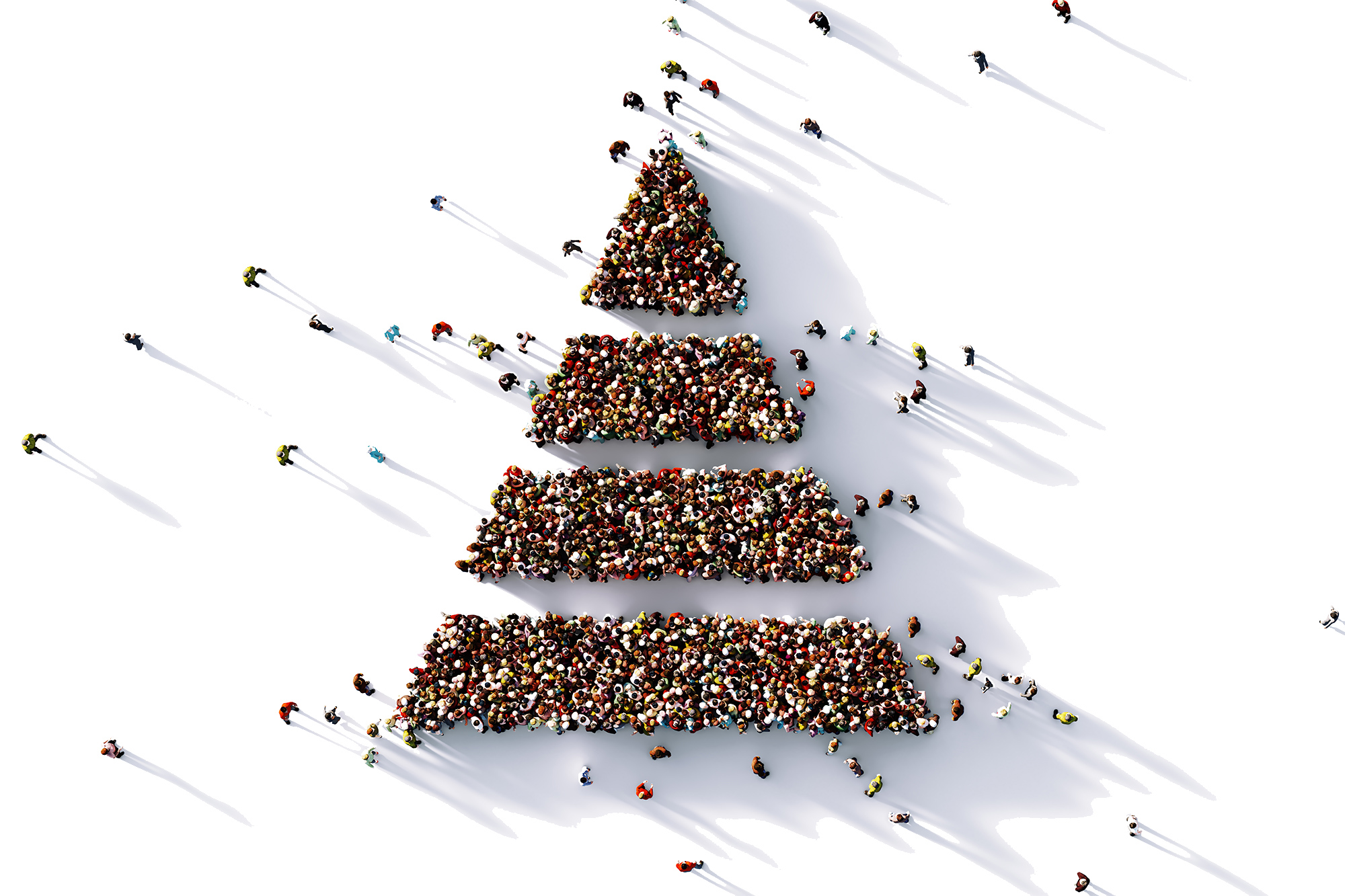 From a top-down viewpoint, many people standing in a pyramid formation with four layers