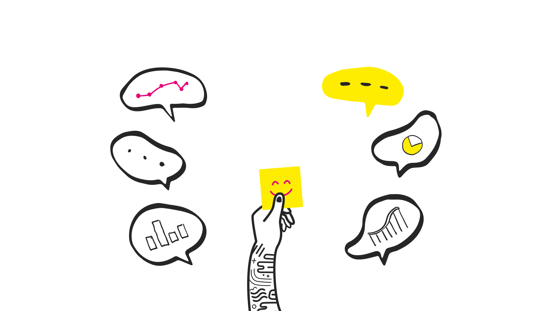 Sketch of a hand in the air holding a yellow sticky note, and lots of speech bubbles in the background