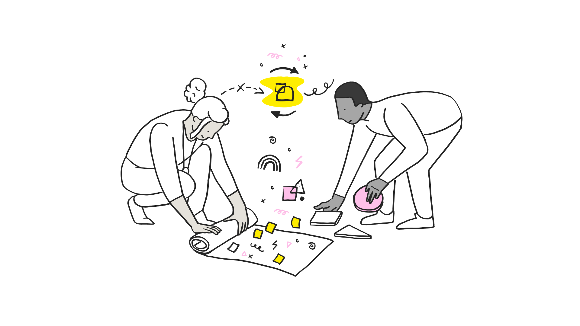 What is service design? Sketch of two people sharing ideas and putting notes on a page