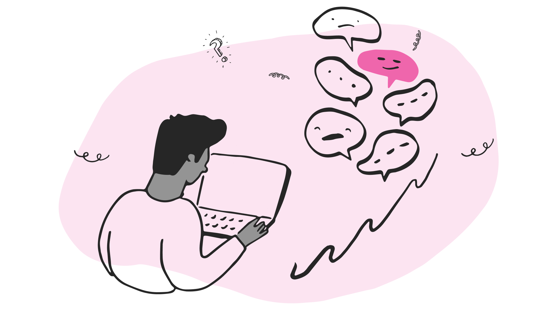 Stylised illustration on a pink background showing a person in profile view, working on a laptop. Above and to the right of the person are seven speech bubbles, one of which is colored pink, indicating active communication or a flow of ideas. Surrounding elements include a question mark, small doodles and squiggly lines, suggesting a creative or brainstorming session.