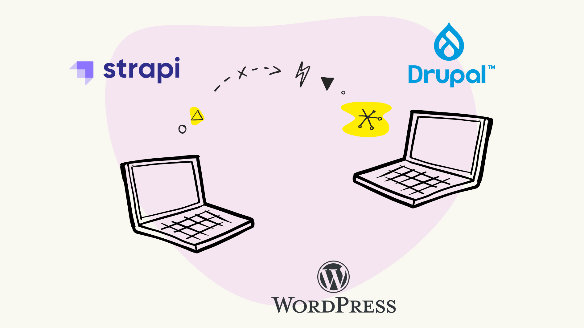 A minimalist infographic showing two laptops with respective icons floating above them, depicting data transfer or migration. The left laptop has a Strapi logo, and the right laptop features a Drupal logo, with a WordPress logo in between on a background blob, illustrating a process of CMS integration or migration.