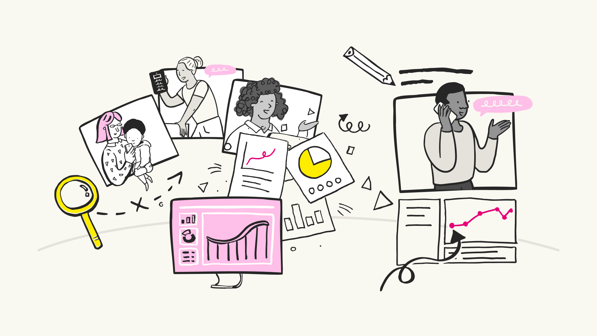 An in-depth guide to personas Sketch representing personas, with pictures of different people and a graph representing analysis