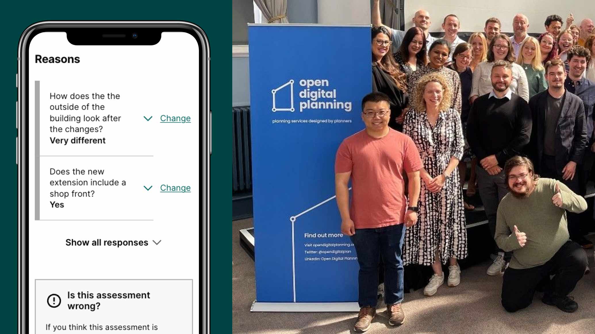 Two images side by side, one showing a form on the Southwark Council website on a smartphone screen, the other is a photo of the ODP team