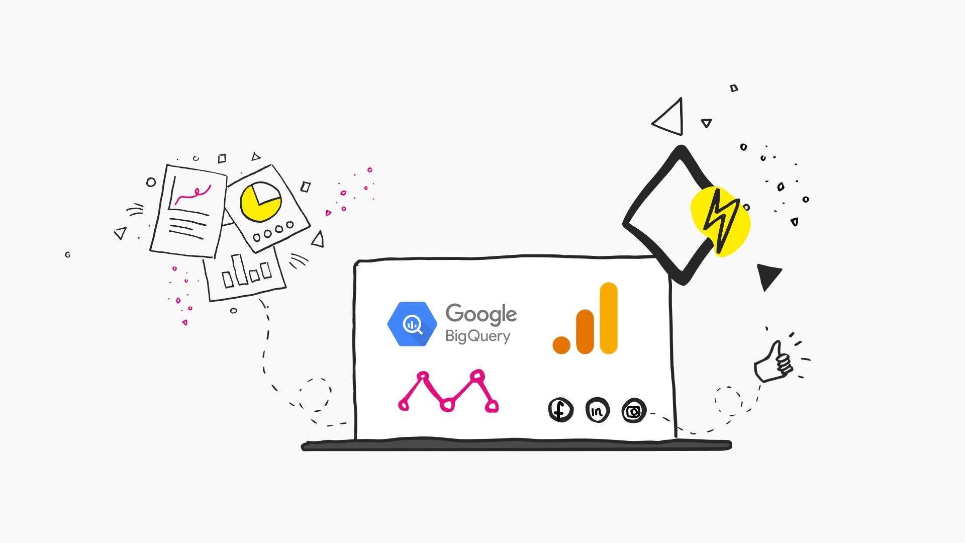 A playful, hand-drawn illustration featuring a laptop screen displaying the Google BigQuery logo and a colorful analytics graph. The background is adorned with doodles symbolizing a lightning bolt, thumbs up, and various data report sheets floating in the air, suggesting the dynamic and positive impact of big data analysis on social media strategy, represented by the familiar icons of Facebook, LinkedIn, and Instagram at the laptop's base.